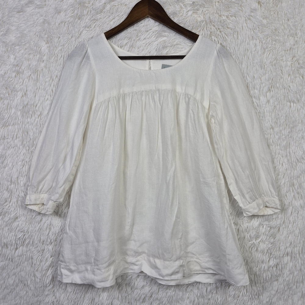 Jigsaw Womens Sz 10 3/4 Sleeve White Irish Linen Top Pleated Cottagecore Peasant